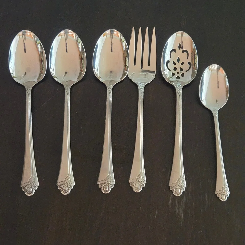 Oneida Community Fantasy Rose Serving Set 6pc Glossy Fork slotted Spoons Nice!
